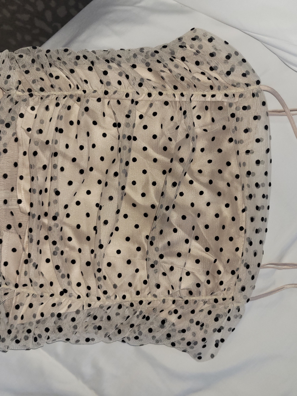 LOFT Beige Top with Black Polka Dot Ruched Tulle NWT